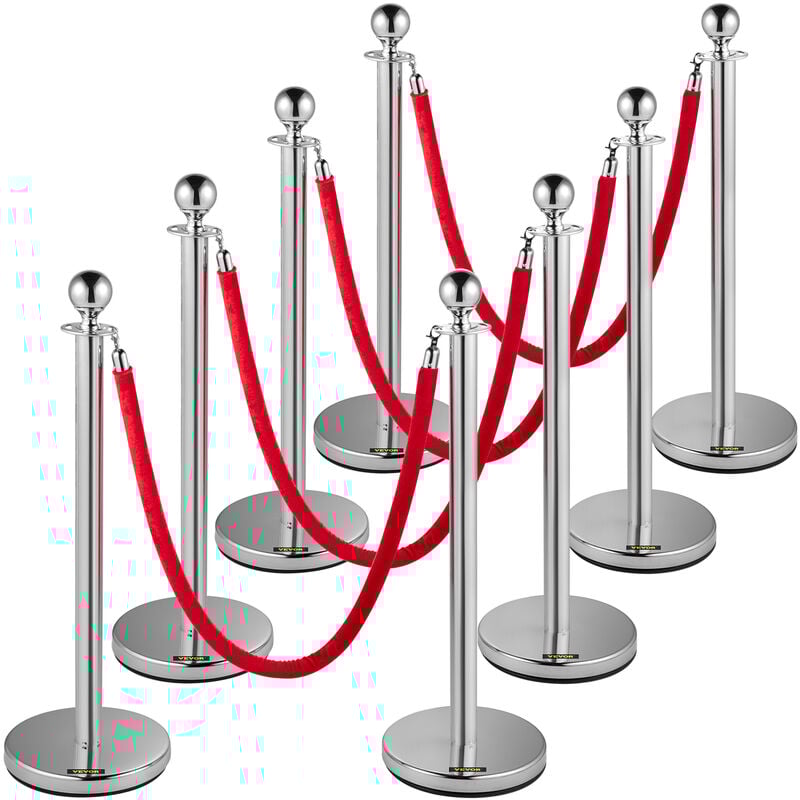 Poteau de Guidage, 8 Pcs Poteaux deArgent de Separation avec 1,5 m Corde en Flanelle Rouge, Barriere Balisage Stable en Acier Inoxydable, pour