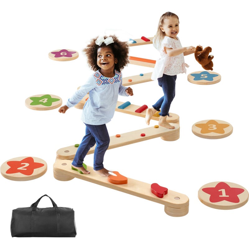 Poutres deequilibre en bois pour tout-petits, 6PCS, jouet Montessori pour enfant 2-6 ans, avec pierres deobstacle pour coordination, motricite,