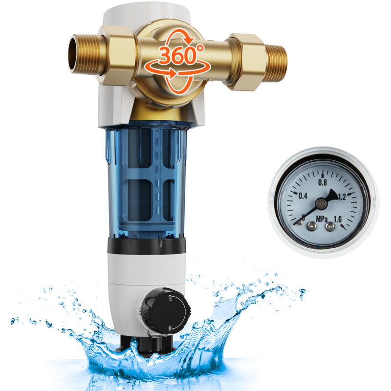 Prefiltre a eau rotatif, 4 t/h debit eleve, filtre a sediments de 40 microns deeau de puits pour toute la maison, 19 mm g-m + 25,4 mm g-m, pour