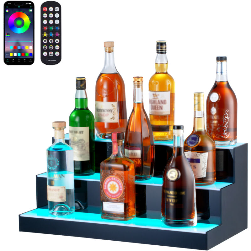 Presentoir a Bouteilles Lumineux Eclaire par led, Etagere a Vins 3 Niveaux 60 cm, Presentoir a Boisson Commercial, en Acrylique, avec Telecommande rf