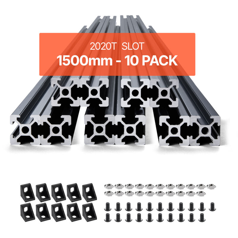 VEVOR 10-delige set van 1500 mm aluminium profielen met T-groeven, 2020. Aluminium extrusieprofiel, geanodiseerde lineaire rail volgens Europese normen, sleufprofiel voor 3D-printers, CNC-machines, doe-het-zelfprojecten, lasergraveren, zwart.