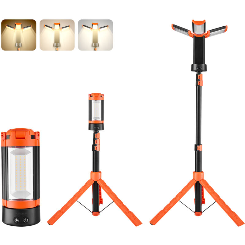 VEVOR Baustrahler LED mit Stativ, Arbeitsleuchte 10 Ah, wiederaufladbares Campinglicht, mit 3 Lampenköpfen, abnehmbarem Stativständer, 2200 LM 3000 K-6500 K dimmbar, Beleuchtung für die Baustelle