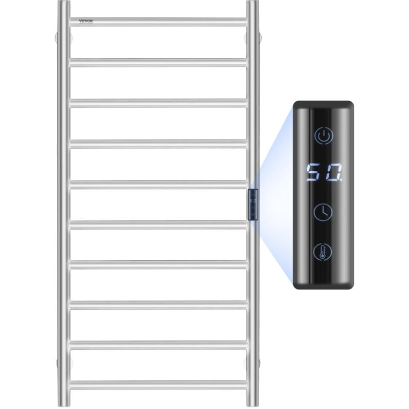 Vevor - Radiateur Seche-Serviettes Electrique 10 Barres, Porte-Serviettes Chauffant Mural, Chauffe-Serviettes a Temperature Reglable, Etanche IPX5,