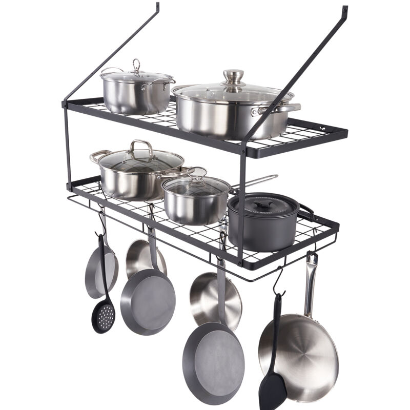 Vevor Rangement Poeles et Casseroles Mural 2 Niveaux Porte-Casseroles 76,2 cm avec 12 Crochets en s Support a Casseroles Charge 24,94 kg Organisateur