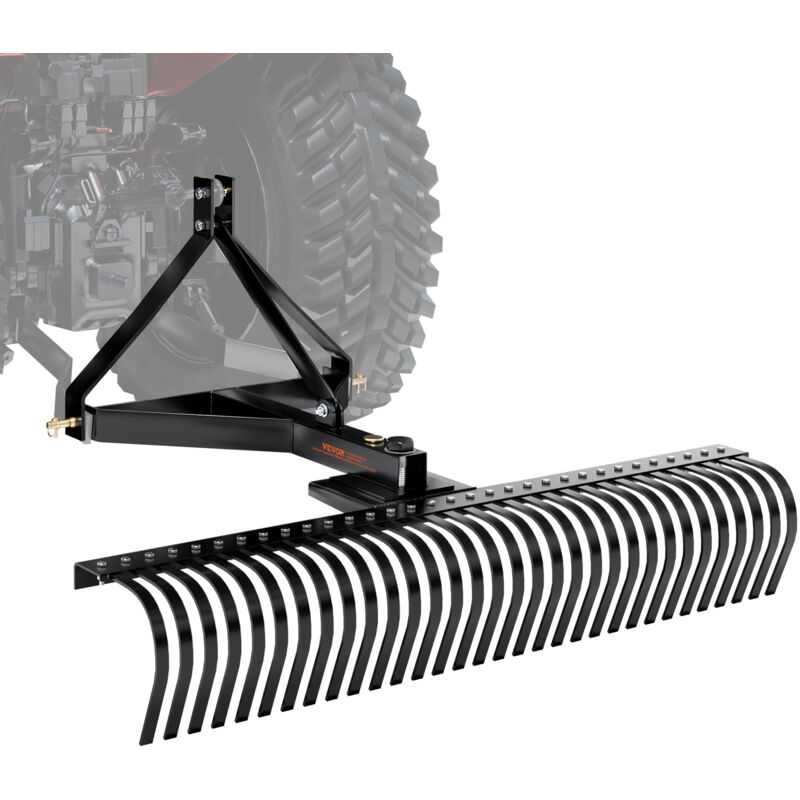 Rateau dechaumeur de remorquage derriere, 1525 mm, rateau dechaumeur de pelouse a 3 points de categorie 1 avec 32 dents en acier, avec accessoires,