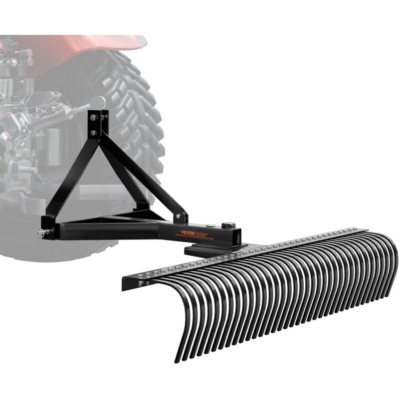 Rateau dechaumeur de remorquage derriere, 1830 mm, rateau dechaumeur de pelouse a 3 points de categorie 1 avec 36 dents en acier, avec accessoires,