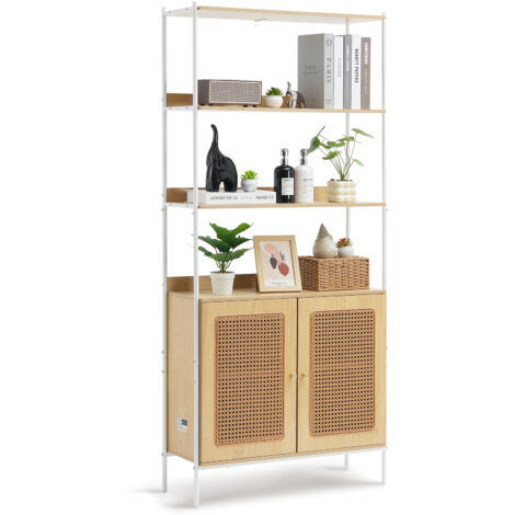 VEVOR Rattan Bookshelf, Ladder Shelf with 2 Doors, Rectangle Freestanding Open Storage Bookcase Rack Organizer, Storage Display Shelves Ideal for Library, Meeting Room, Office, Study, Natural