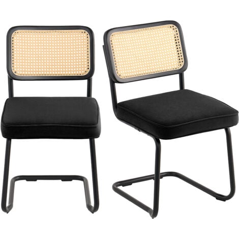 VEVOR Rattan Chairs, Set of 2, Mid Century Modern Dining Chair, Upholstered Velvet Accent Chair with Rattan Back, Retro Dining Room Kitchen Chair for Living Room, Bedroom, Reading Room, Office, Black