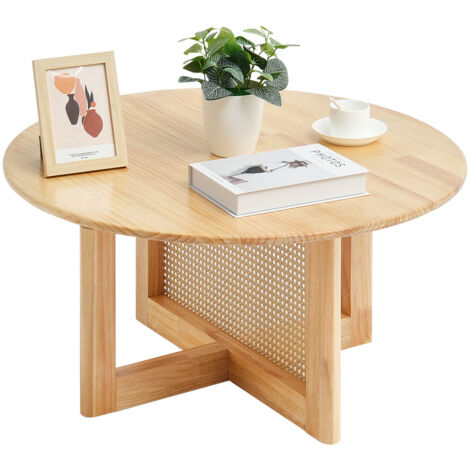 VEVOR Rattan Coffee Table, Round Rattan Woven Wood Coffee Table with Rubber Wood Top, 33 in Modern Boho Circular Storage Coffee Table with Natural Wood Legs, for Living Room, Bedroom & Small Spaces