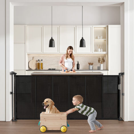 VEVOR Retractable Baby Gate, 870 mm Tall, Extends up to 1800 mm Wide, Retractable Gate for Kids or Pets, Mesh Material, Easy to Install for Indoor Stairs, Doorways, Hallways, Playrooms, Black