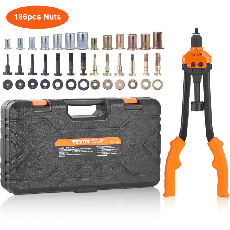 VEVOR Rivet Nut Tool, 40.6 cm Rivnut Tool Kit with 13PCS Metric and SAE Mandrels, 186PCS Rivet Nuts, M3, M4, 10-24, M5, M6, 1/4-20, 8-32, 5/16-18, M8, 3/8-16, M10, M12, 1/2-13, With Carrying Case