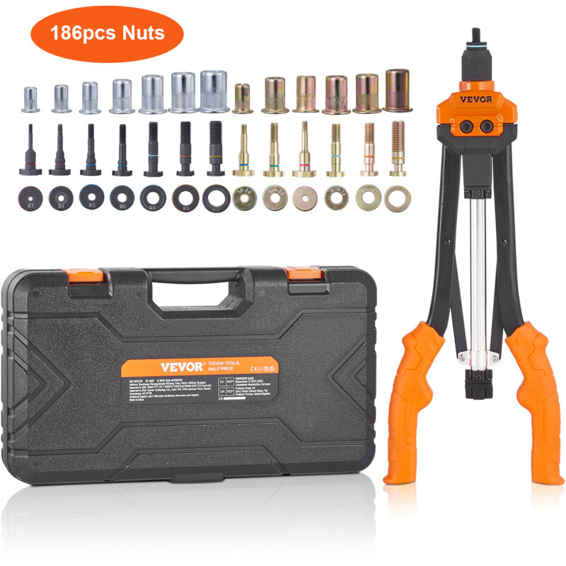 VEVOR Rivet Nut Tool, 40.6cm Rivnut Tool Kit with 13PCS Metric and SAE Mandrels, 186PCS Rivet Nuts, M3, M4, 10-24, M5, M6, 1/4-20, 8-32, 5/16-18, M8, 3/8-16, M10, M12, 1/2-13, Semi-auto Retraction