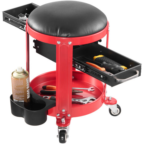 VEVOR Rolling Mechanic Stool with Wheels, 300 lbs Capacity Garage Seat/Work Stool, Padded Roller Creeper Seat with Fixed Height, Tool Tray and 2 Drawers, for Garage, Shop & Auto Repair, Red+Black
