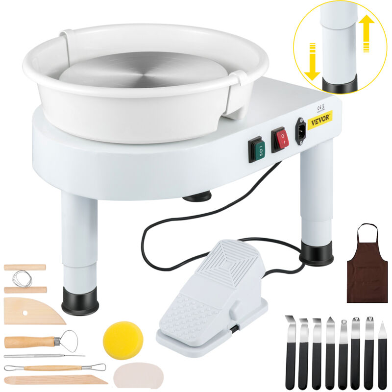 Roue de Poterie 28 cm 350 w Machine a Tour de Potier Blanc Electrique avec Pedale, Mini Roue de Poterie avec Bassin Amovible Plateau Tournant, Outil