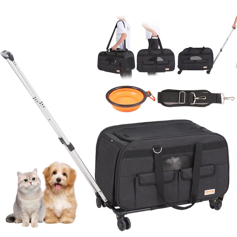 Vevor - Sac a Roulettes pour Chat Chien 15,8 kg Sac de Transport Chats Poignee Telescopique Bandouliere Gamelle Pliable Transporteur Roulant