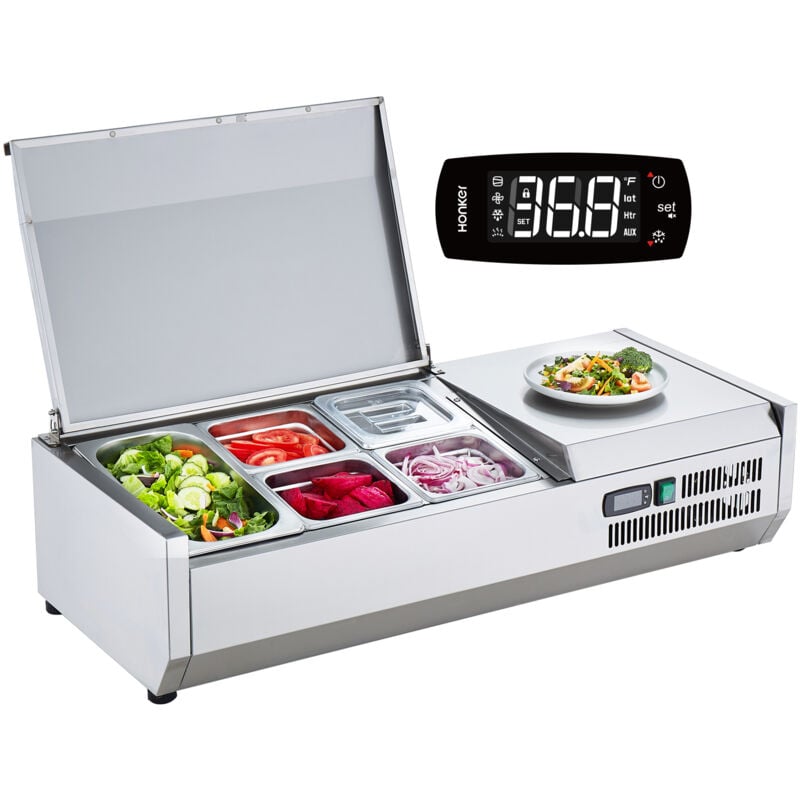 Vevor - Saladette Refrigeree a Poser 140 w, Vitrine Refrigeree pour Pizzeria, avec 1 1/3 Casserole et 4 1/6 Casseroles, Corps en Inox 304, Couvercle