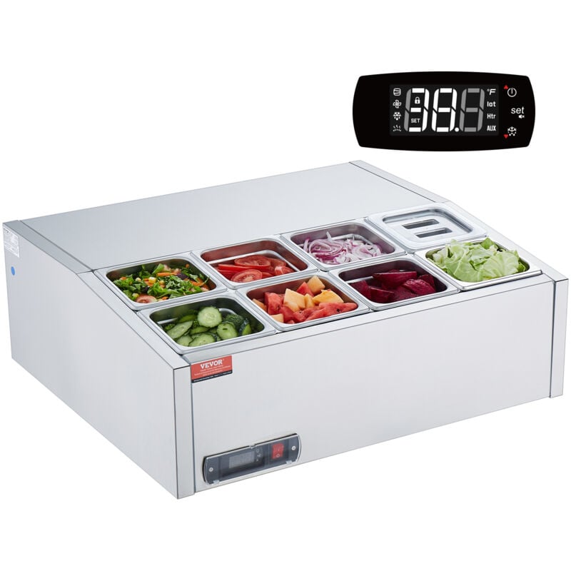 Vevor - Saladette Refrigeree a Poser 145 w, Vitrine Refrigeree pour Pizzeria, avec 8 1/6 Casseroles, Corps en Inox 304, Couvercle en pc, Protection