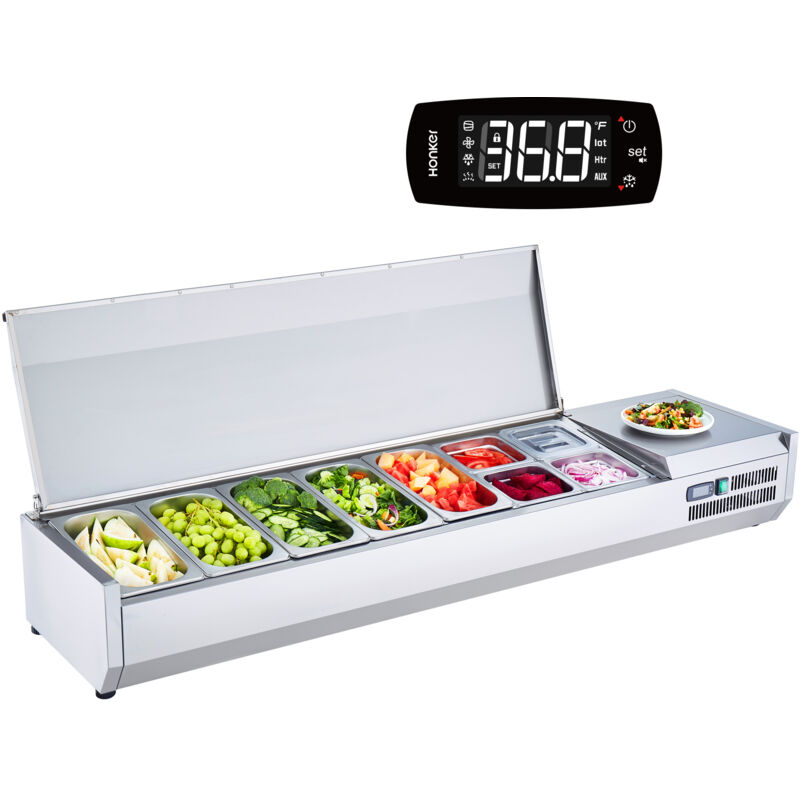 Vevor - Saladette Refrigeree a Poser 165 w, Vitrine Refrigeree pour Pizzeria, avec 5 1/3 Casserole et 4 1/6 Casseroles, Corps en Inox 304, Couvercle