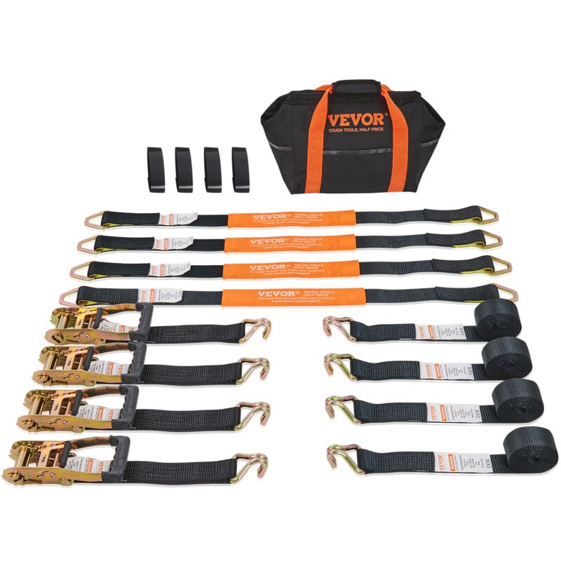 Vevor Sangle a Cliquet Lot de 4 Sangles deArrimage Resistance a la Rupture Max. 5048 kg 0,05x2,4m Crochet Double j pour Securiser Cargaison,
