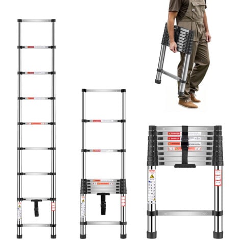 VEVOR Scala Telescopica Portatili a 9 Gradini, Capacita di Carico di 150 kg Scala Estensibile Leggera in Acciaio Inossidabile da 2540 mm Piedini Antiscivolo, per Casa, Camper, Soffitta