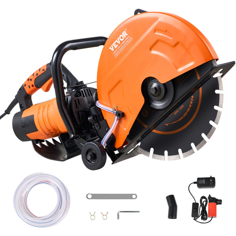 VEVOR Elektrische betonzaag, 356 mm, robuuste cirkelzaag 2800 W, zaagdiepte 127 mm, nat/droog schijfzaag met waterleiding, waterpomp, zaagblad, voor steen en baksteen