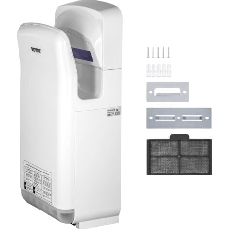 VEVOR Seche-Mains Automatique 2000W Seche Main Air Pulse Electrique Commercial ABS Super Puissant Filtration HEPA 43℃ Moteur a Balais Carbone pour Secher Sechage Mains Toilettes 290x220x685 mm Blanc