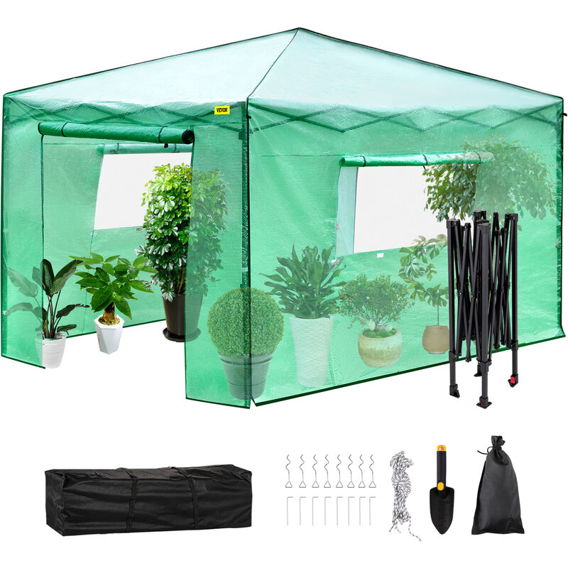Serre de Jardin 3,66x2,44 m Serre Escamotable Portable Acier Enduit de Poudre Tente Abri Plantes Couverture pe avec 2 Portes Fenetres Enroulables