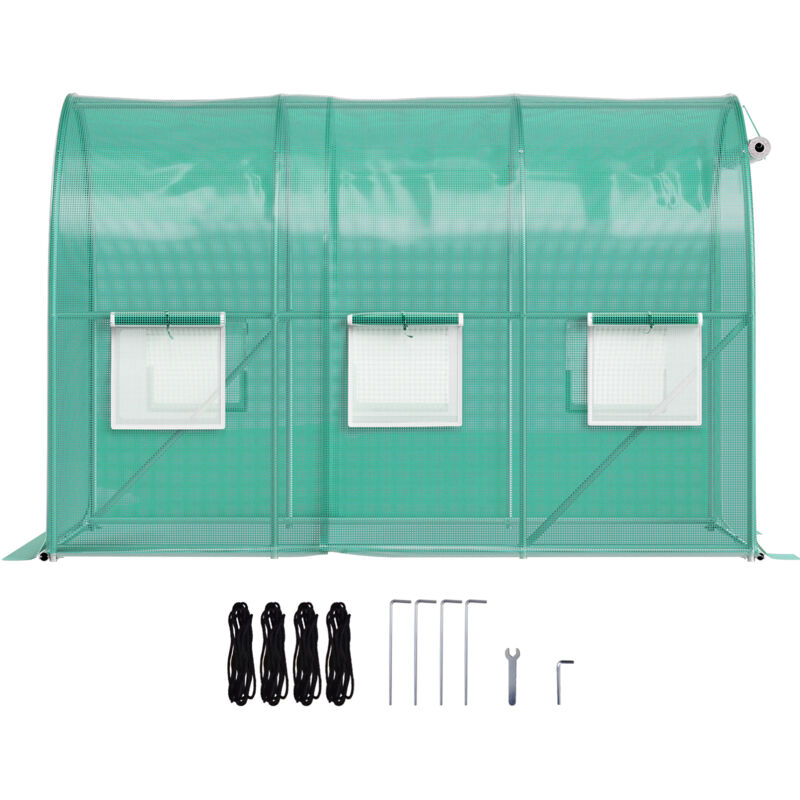 Serre tunnel de 10 x 7 x 7 pi , serre chaude portative pour plantes avec cerceaux en acier galvanise, poutre superieure, poteaux diagonaux, porte a