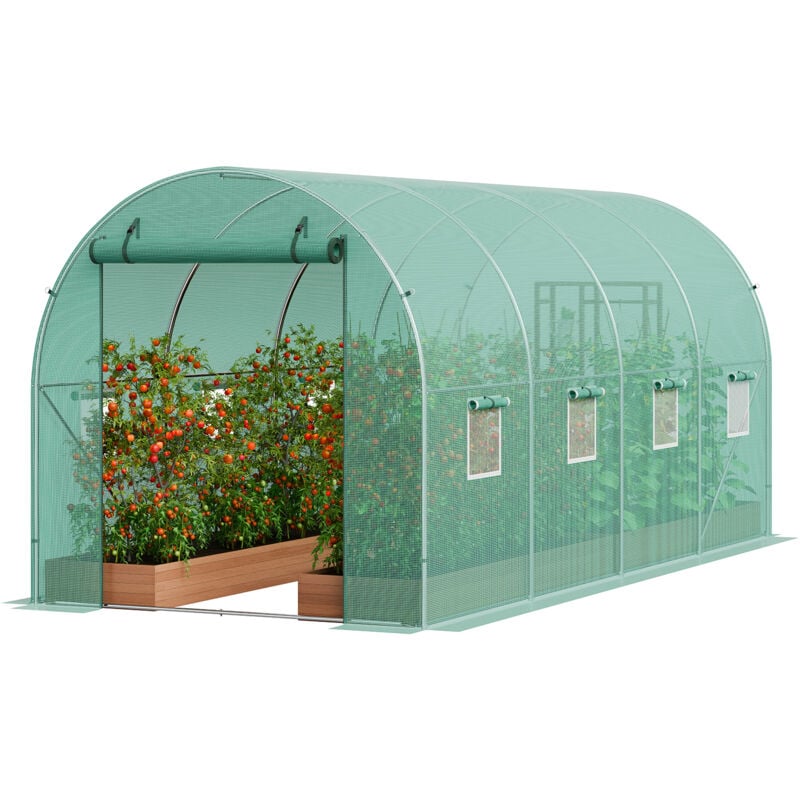 Serre Tunnel Jardin, 445x194x192 cm, Tente Abri Plantes avec Cadre en Acier Galvanise, Couverture en pe Verte, Porte a Glissiere Enroulable, 8