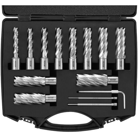 VEVOR Set di Punte per Svasatore 11 Pezzi Taglierina Anulare Accessori Weldon Diametro 11-27 mm Profondita di Foratura 50,8 mm in HSS, Punte 11 Pezzi per Trapano in Acciaio per Perforazione Magnetica