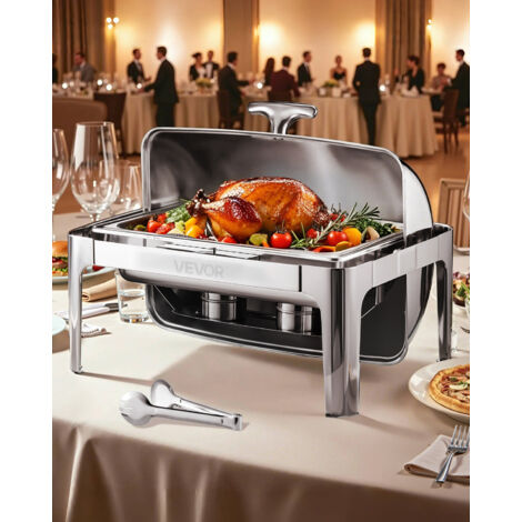 VEVOR Set di Scaldavivande 8,5 L Scaldavivande Rettangolare in Acciaio Inox, Con Padella di Dimensioni Standard, Coperchio, Supporto Pieghevole per Acqua, Supporto per Carburante, Clip per Pasti
