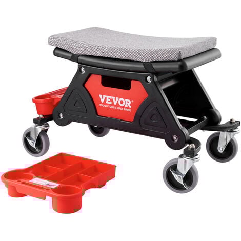 VEVOR Sgabello Mobile per Riparazione da Officina 64×33,5×39 cm Carico Max. 136 kg, Sgabello per Meccanico su Rotelle Bloccabile 450 × 250 mm con Vassoi Portautensili per Manutenzione Auto da Garage