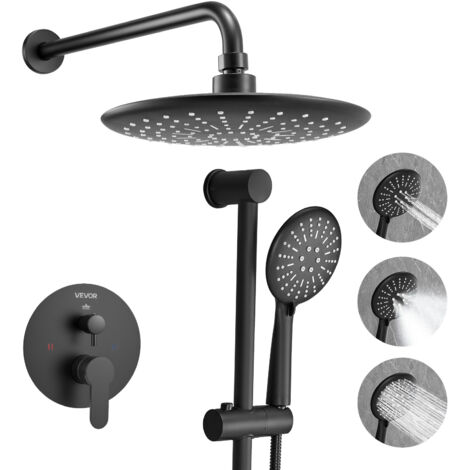 VEVOR Shower Faucet Set, Rainfall Bathroom Shower System with 9-Inch (23cm) Round Rain Shower Head and Handheld Spray, Wall Mounted Bath Fixtures with Brass Valve and Trim Kit, Matte Black