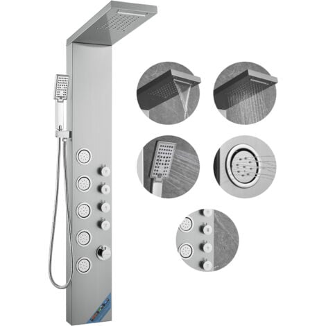 MOPHORN VEVOR Shower Panel System, 4 Shower Modes Shower Panel Tower, Rainfall, Waterfall, 5 Full Body Massage Jets and 3-Setting Handheld Shower Head with 59" Hose, Stainless Steel Wall-Mounted Shower Set