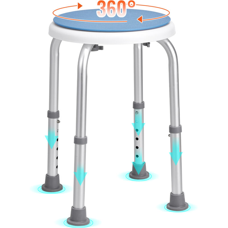 Siege de Douche Antiderapant Rotatif a 360° Tabouret de Douche 136,1 kg Hauteur Reglable 360-485 mm Chaise de Douche en Alu Aide a la Douche pour