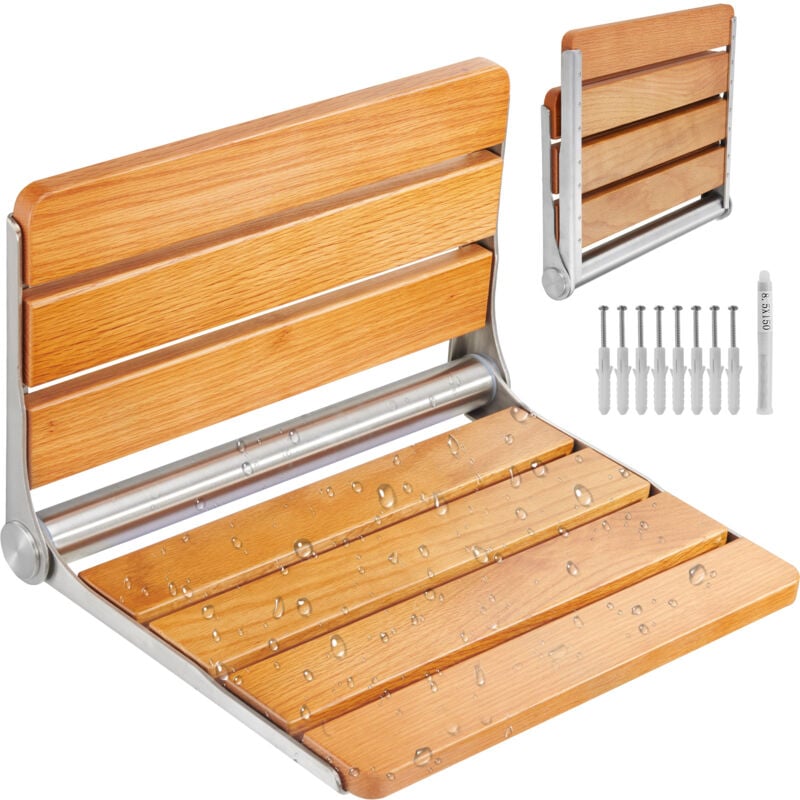 Siege de Douche Pliant en Chene, 40,8 x 34 cm Deplie, Banc de Douche a Fixation Murale, Capacite de Charge 199,58 kg, pour Personnes Âgees Femmes