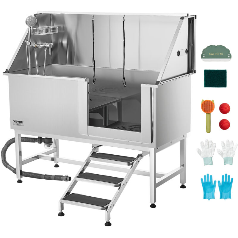 Vevor Stainless Steel Dog Washing Station, 157.48 Cm Pet Grooming Tub W/ Stairs, Pe Water Filter Board, Faucet & Showerhead & Soap Holder Dog Bathtub