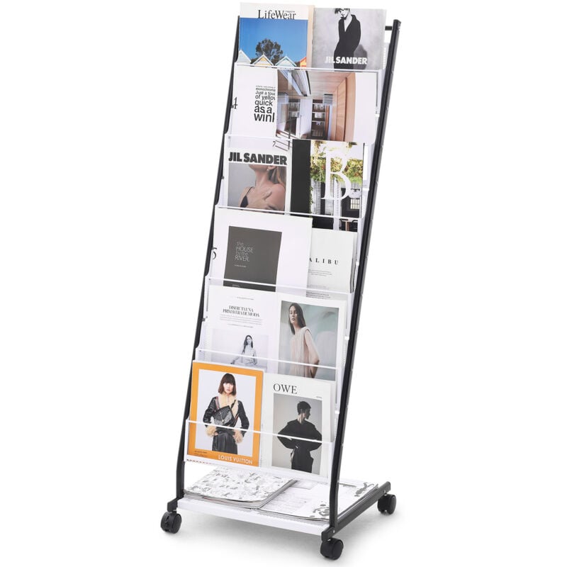 Support de rangement de litterature, support mobile au sol a 6 niveaux, avec 4 roulettes(2 avec freins),equipe de 6 emplacements pour brochure