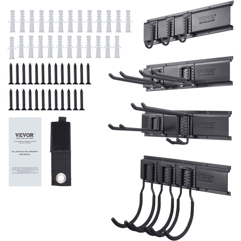 Vevor Support Mural deOutils de Garage, Capacite de Charge Maximale 272 kg, Organisateur de Rangement Jardin avec 10 Crochets Reglables et 4 Rails