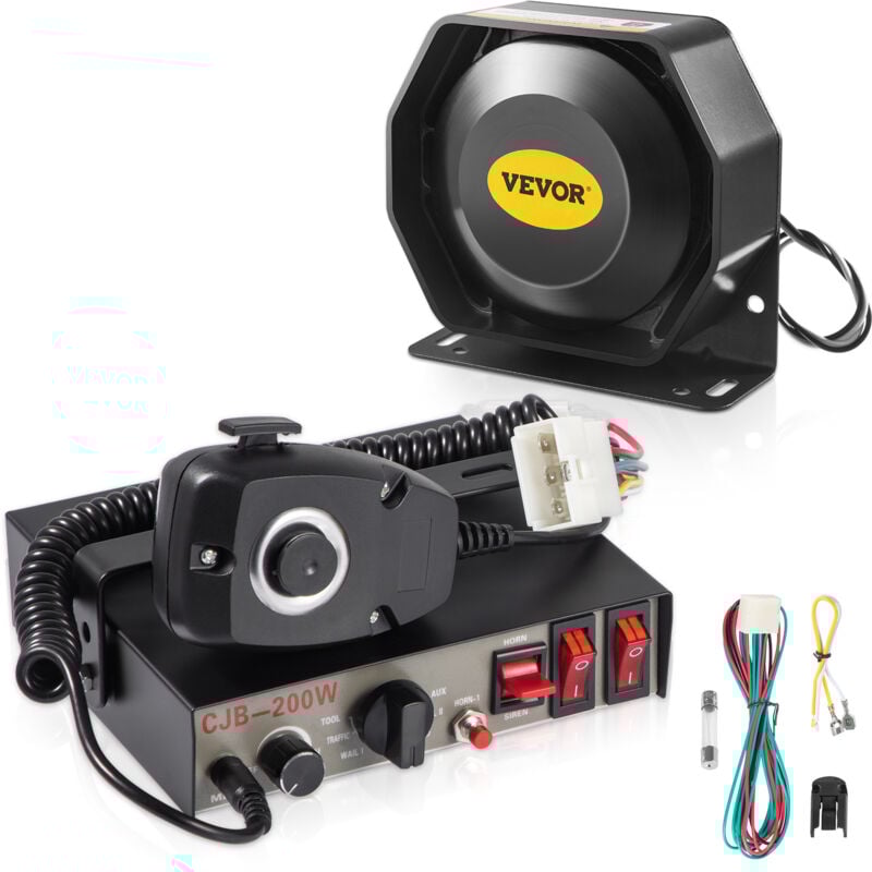 Vevor Systeme de Sirene 200 w 8 Tonalites, Alarme deUrgence Incendie avec Haut-parleur pa, Systeme mic, Adaptee aux Vehicules de Police, deAmbulance,