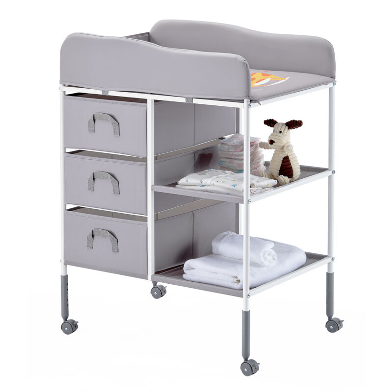 VEVOR Table a Langer Portable, Plan a Langer avec 3 Tiroirs en Tissu et Roulettes Verrouillables, Meuble pour Bebes Multifonctionnel avec Rangement,
