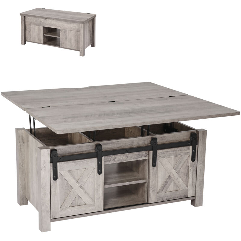 VEVOR Table basse a plateau relevable rectangulaire, 1000 x 500 x 485 mm, table de salon avec porte de grange et compartiment de rangement dissimule