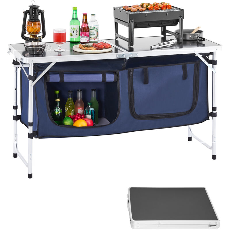 Table de cuisine de camping, 3 hauteurs reglables, table de cuisson exterieur pliante, portable et legere, en aluminium, avec organisateur de