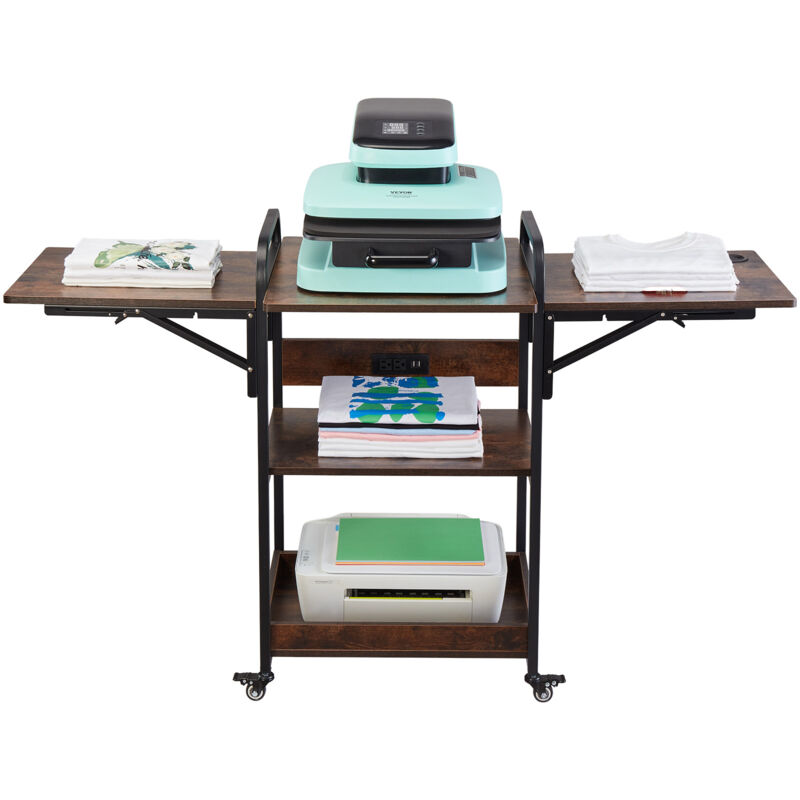VEVOR Table de Presse a Chaud Mobile a 3 Niveaux, Support de Presse a Chaud avec Station de Charge, Etabli pour Machine de Transfert de Chaleur