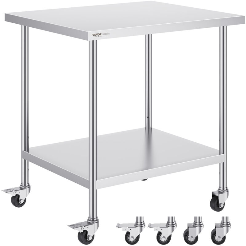 Table de Travail en Acier Inoxydable 76,2 x 91,4 x 95,5 cm, Table de Preparation des Aliments avec 4 Roulettes, 3 Niveaux de Hauteur Reglables,