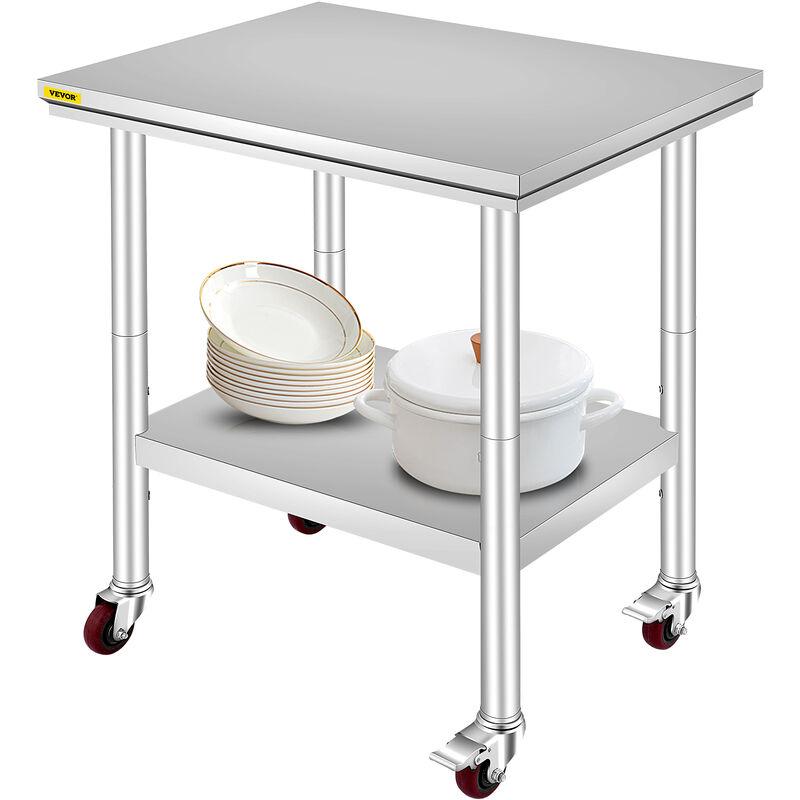 Table de Travail Cuisine 76x60x86 cm Table de Travail Inox avec Roulettes et Freins Grande Capacite de Charge pour Preparation des Repas Cafeterias