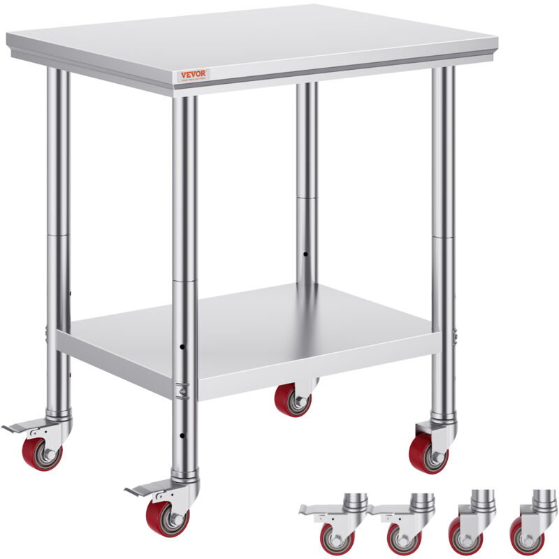 Table de Travail Cuisine 76x60x86 cm Table de Travail Inox avec Roulettes et Freins Grande Capacite de Charge pour Preparation des Repas Cafeterias