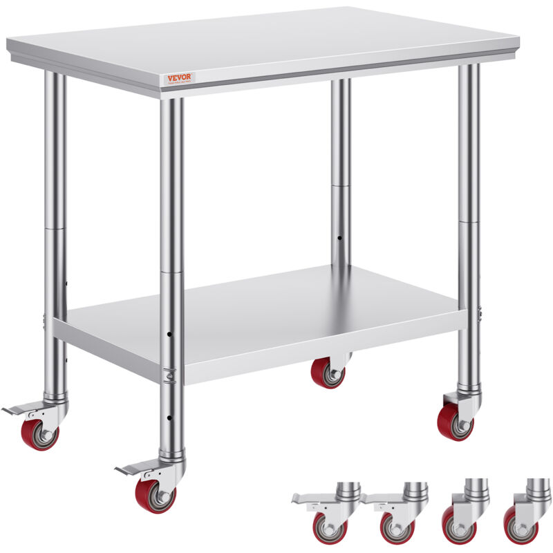 Table de Travail Cuisine 91x60x81 cm Table de Travail Inox avec Roulettes et Freins Grande Capacite de Charge pour Preparation des Repas Cafeterias
