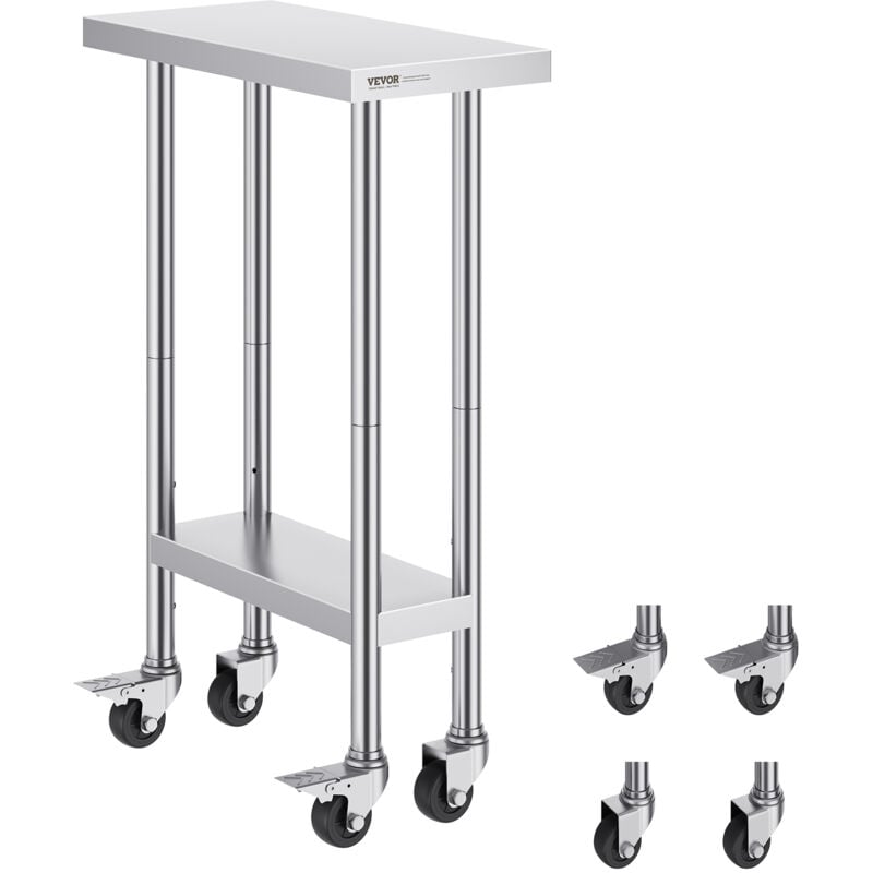 VEVOR Table de Travail Inox 61 x 30,5 x 95,5 cm, Table de Preparation des Aliments avec Roulettes, Capacite de Charge de 227 kg, 3 Niveaux de Hauteur
