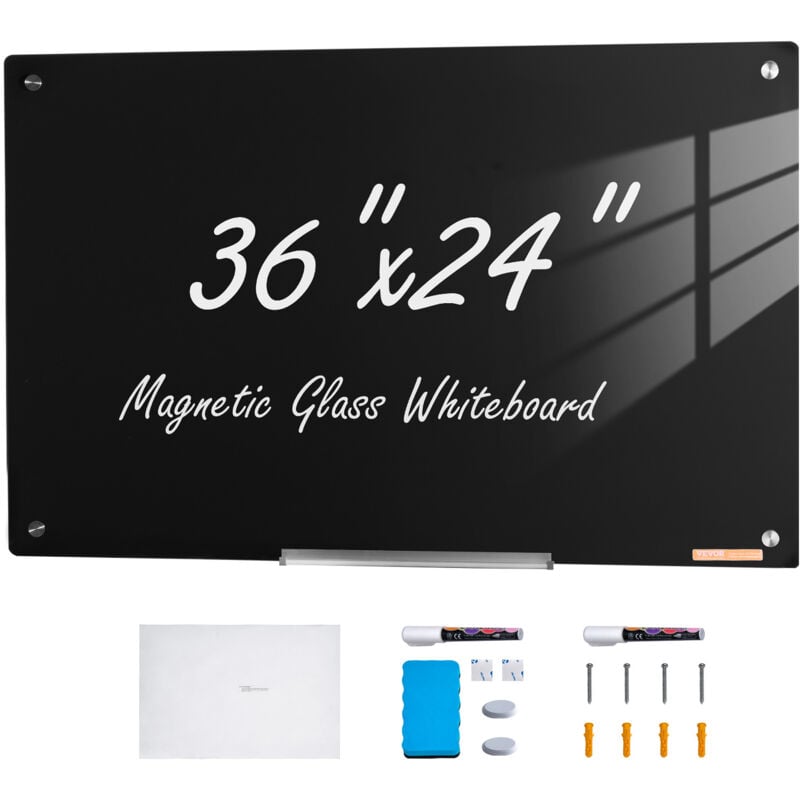 Vevor Tableau Magnetique Effacable a Sec en Verre Noire 90 x 60 cm, Grand Tableau Memo Mural sans Cadre, avec Plateau de Marqueurs, un Effaceur et 2